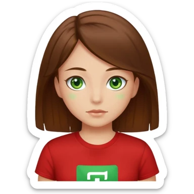 a girl with brown strait hair and has green eyes has a red t-shirt  sticker