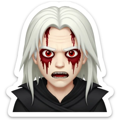Creat a young man Vampire that have long white hair and white skin and full black eyes and bloody mouth and full black outfit and long fangs and scary dead cold eyes sticker