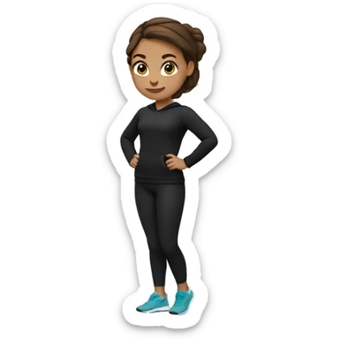 A girl with brown hair is doing fitness in black leggings and a black sweatshirt sticker