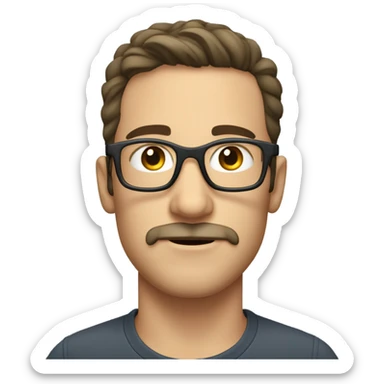 young caucasian man with dark hair, mustache, and scruff, wearing clear framed glasses sticker