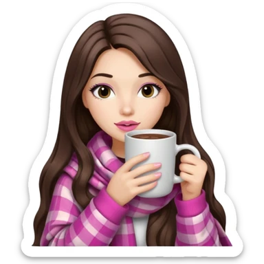 Pink lip, eyelashes, Black eyed brunette girl with long hair and light skin shoulders wrapped up in a pink plaid blanket drinking hot chocolate sticker