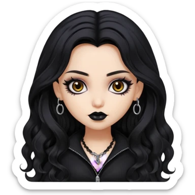 goth bratz baddie, beautiful brown eyes, long wavy black hair, black gothic hair styled, black goth clothes sticker