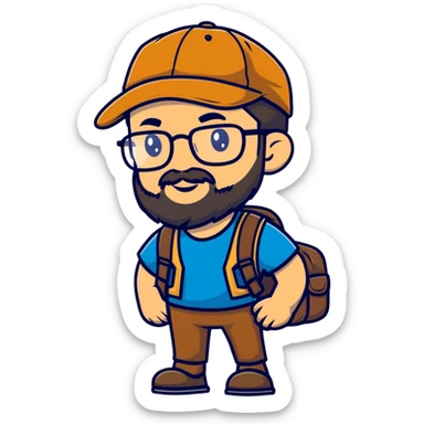 Adventurer with glasses, a beard and tan colored cap sticker