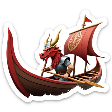 clash-of-clans-aesthetic_-cinematic-viking-longboat, rendered in a flat, bold vector style with minimal shading, featuring a striking dragon-headed prow slicing through waters. shields on the side and vikings rowing The longboat’s, the boat has carved motifs evoke a sense of epic adventure and Nordic might, with billowing sails catching a dramatic, stormy sky backdrop. sticker