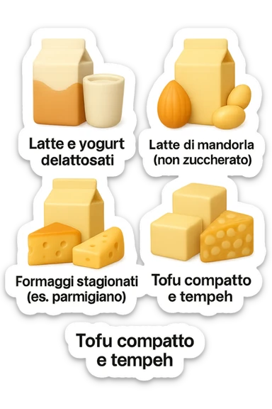 emoji stile iphone 3d di questi elementi che fluttuano in aria:

Latte e yogurt delattosati
Latte di mandorla (non zuccherato)
Latte di soia da proteine isolate
Formaggi stagionati (es. parmigiano)
Tofu compatto e tempeh
 che fluttuano in aria,  le etichette scrivile in italiano, iperealistico 4k sticker