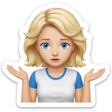 A woman with wavy blonde hair and blue eyes shrugging emphatically sticker