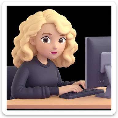 brown-eyed blonde young woman with wavy hair, wearing a black sweater, working on a computer in a cozy office sticker