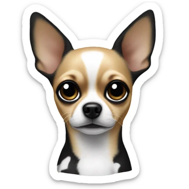 Chihuahua dog.His is mainly black and white, with black spots over the eyes, ears and back. The ears are large, pointed, There is a black spot on the chest that resembles an inverted triangle. He is upset sticker