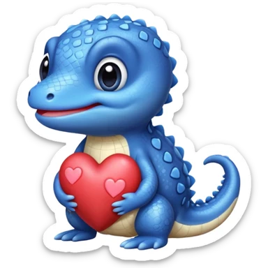 blue salamander with a square pattern on its skin, holding a heart, extra cute, big eyes, chubby cheeks, friendly expression sticker