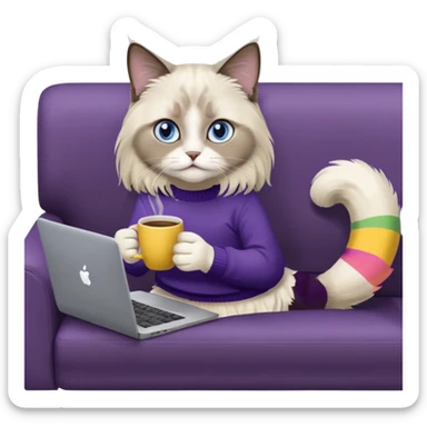 a cute blue eyed brown and white ragdoll cat with white paws and brown and beige tail wearing the dark violet sweater with yellow letteting "Milena" sitting on a grey sofa with grey laptop branded lettering "Lenovo" and drinking coffee sticker