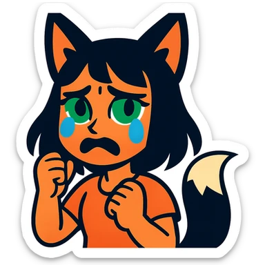 A girl with tears, black fox ears, and a tail, green eyes, dark hair sticker