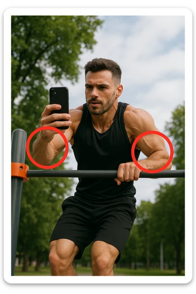 uomo che fa Muscle up e si sta filmando davanti con il telefonino per vedere la sua posizione dei gomiti e delle mani sulla sbarra, fai dei cerchi per indicara i gomiti sticker