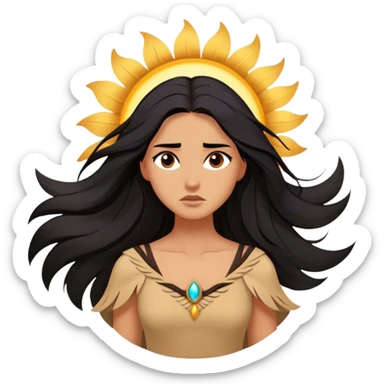 Cinematic Stunning Pocahontas Portrait Emoji, Windswept raven hair flowing behind her, deep brown eyes filled with wisdom and strength, glowing sun-kissed skin, wearing her elegant tan dress, the spirit of the wild in her expression, breathtakingly majestic! sticker