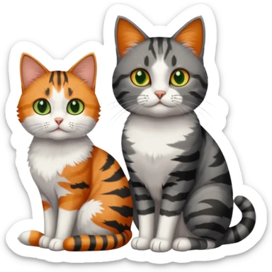 A grey tabby cat with dark grey stripes and green eyes sitting next to a calico cat with orange eyes sticker