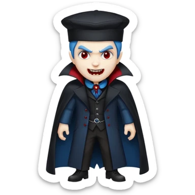 Vampire with blue hat ,black coat with read collared ,teeth looks like vampire with aggression on face and a full body. sticker