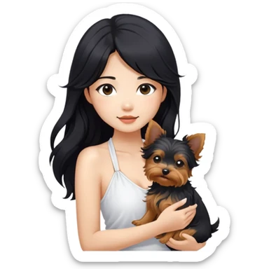 A pretty Asian girl with long, luscious wavy black hair (loose, no hair tie), wearing a white sleeveless halter top. She's holding a Yorkshire Terrier.  sticker