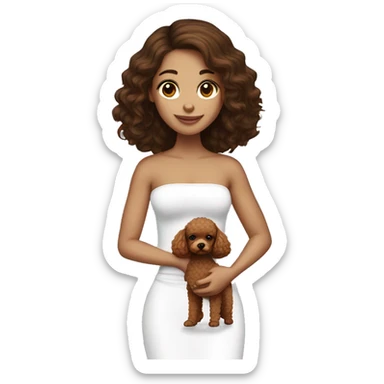 Brunette straight hair girl , in white strapless top holding a brown toy poodle sticker