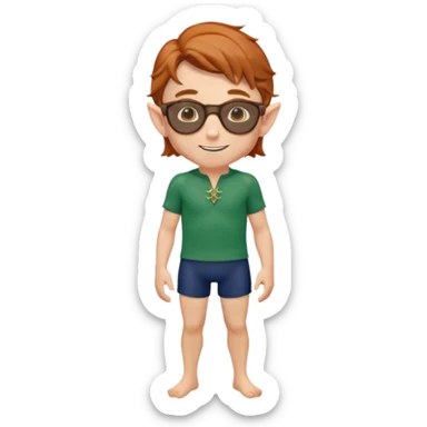 elf male legolas portrait, classic navy swim trunks, timeless wayfarer sunglasses (tortoiseshell), windswept auburn hair, friendly smile, clear pointy ears, no background, centered emoji, iconic summer look sticker