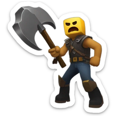Roblox guy playing fortnire with a minecrsft pickaxe playing against a fall guys character sticker