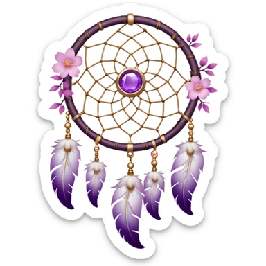 A white Dreamcatcher with purple-round-orb-stones, gold-ring-accents, purple tint flowers, pink sakura flowers, sticker