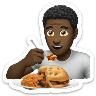 a black guy eating while talking about his Hell Cat sticker
