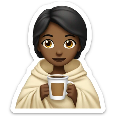 Brownskin girl with black hair and dark brown eyes wrapped in a cream colored blanket sipping coffee sticker