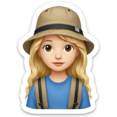 a young student girl with the backpack with bucket hat, blonde wavy long hair sticker