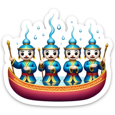 Cinematic Realistic Water Puppetry Emoji, depicted as a whimsical scene of traditional water puppets performing on a reflective water stage, rendered with vivid textures and dynamic playful lighting that captures its enchanting charm. sticker