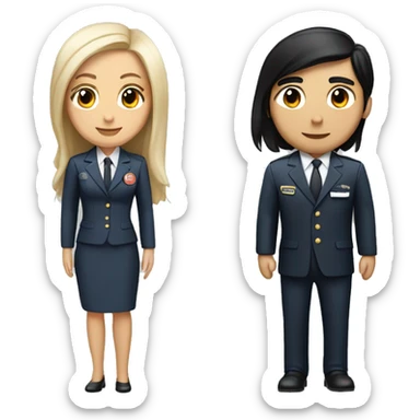 Flight attendant with long black hair and white skin with a pilot man with light tan skin and black hair sticker