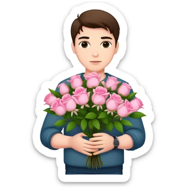 A cool bad boy with fair skin holding a bouquet of pink jasmine roses sticker