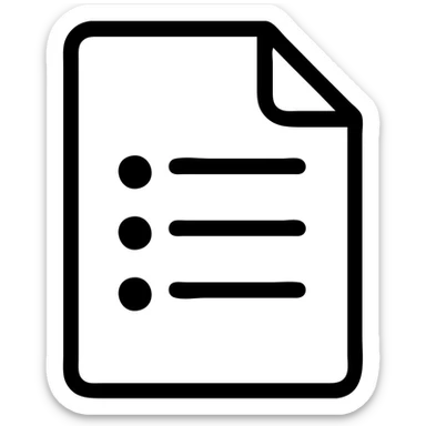 minimalistic bold white line icon in Netflix UI style, simple sheet of paper with three bullet points and horizontal lines, clean geometric lines, perfectly readable at small sizes sticker