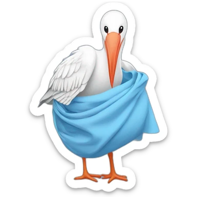 White stork carrying a blue bundle of cloth in its big beak that has a human person cute baby human inside and the human baby head is peeking from the fabric the strok is carrying in its beak sticker