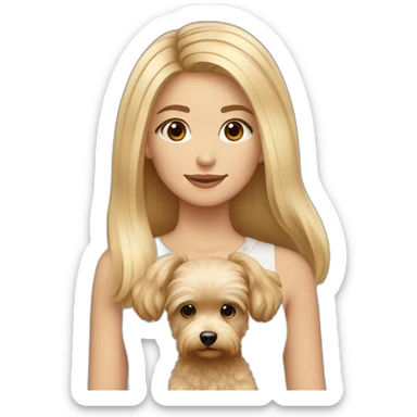 Blonde long straight hair girl brown eyes with maltipoo beige sticker