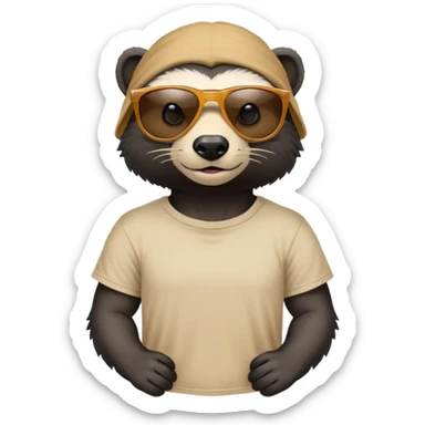 friendly anthropomorphised honey badger head and neck wearing sunglasses, top of t-shirt visible, different expression sticker