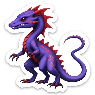 Rare warm-colored exotic gloomy tropical edgy cute epic aesthetic spooky indigo purple white black red gothic colorful Salandit-charmeleon-sergal-species-Fakemon-hybrid-creature, with tribal tattoo markings, full body sticker