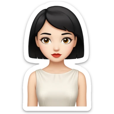 a short black hair girl with elegant white dress, wearing makeup sticker