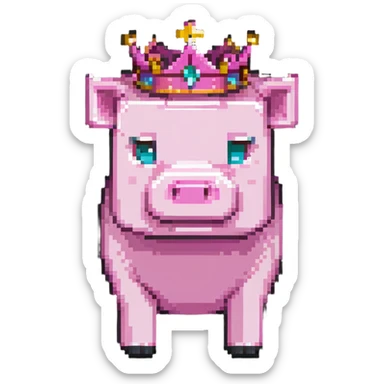 Minecraft pig full body pink blocky animal with square head wearing a crown sticker