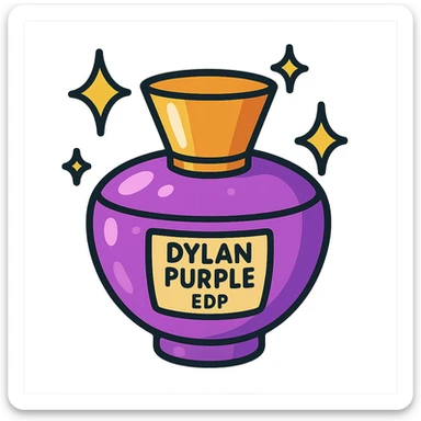 cartoonish purple perfume bottle with a golden cap, sparkling, labeled 'Dylan Purple EDP' sticker