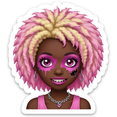 girl, zombie,pink and blonde afro, medium long, emo, shaggy, dark, spooky,double eyebrow dermal piercing, cute illuminous smile sticker