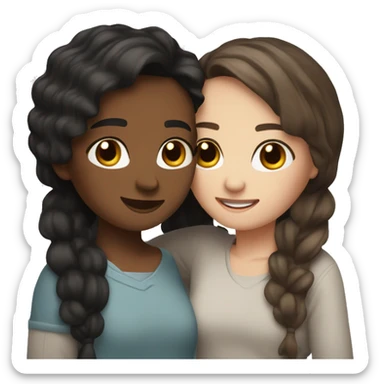 Two best friends hugging one with wavy black hair and the other with straight brown hair with highlights. Both white skin sticker