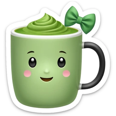Make a cup of match tea in a mug with a bow on it no  face and white mug sticker