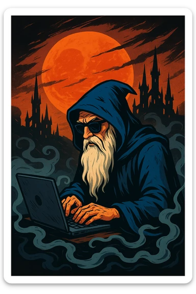 A stylized illustration of a wizard with a long white beard, blue hooded cloak, and sunglasses, typing on a laptop. The scene is set in swirling mists, with a large orange sun or moon and a gothic city of spires in the background. Strong contrast between fiery sky and shadowy foreground. sticker