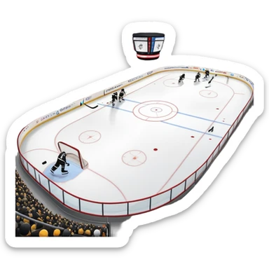 An icon featuring close-up shots of key hockey equipment: a hockey stick, puck, and skates. The background shows a packed stadium with cheering fans, bright arena lights, and an icy rink. Transparent background highlights the essentials of the game and the thrill of the sport. sticker