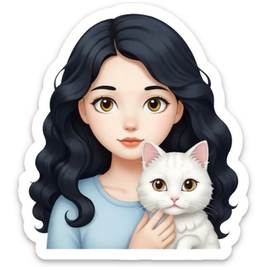A beautiful girl with fair skin has long, big wavy black hair and a white cat with a round face. sticker