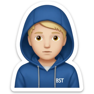 make an image of white person wearing hoodie with "BST" letters on it sticker