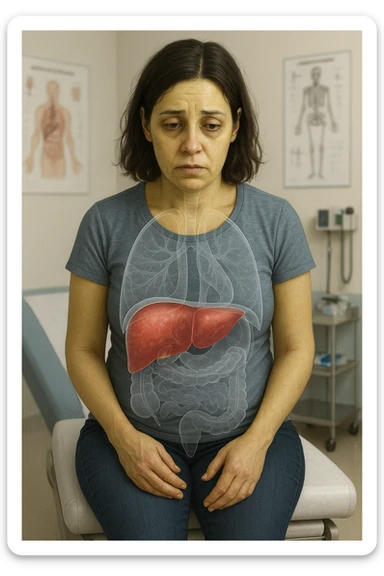 a woman in her 30s sits on a doctor’s examination table, her skin slightly yellowish (jaundice) and her expression tired. A transparent anatomical overlay highlights her liver, which appears enlarged and inflamed with a reddish, congested look. Subtle visual cues—such as dark circles under her eyes and a bloated abdomen—emphasize the symptoms of liver overload and toxicity. The background is a clinical setting, with medical charts and equipment. sticker