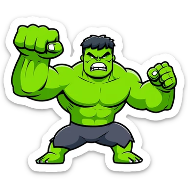 Hulk smashing with fists raised, green muscular superhero breaking ground, action pose, dynamic movement, angry expression sticker