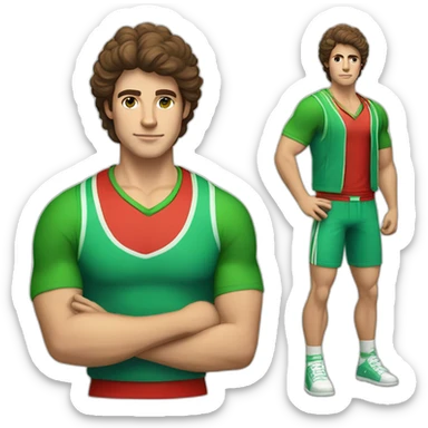 retro 70s red and green gym clothes for a modern white brunette uni male student with glass sticker