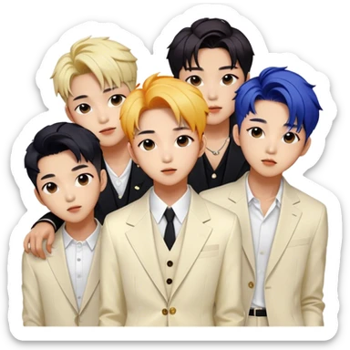 Cinematic Realistic BTS Portrait Emoji, depicted as a dynamic energetic portrayal of the global K-pop group with stylish modern attire and vibrant expressions, rendered with rich textures and bold contemporary lighting that captures their youthful charisma. sticker