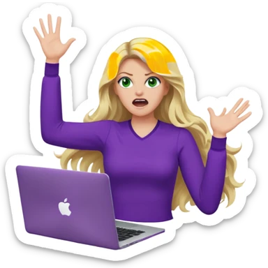 lady with long wavy blonde hair, purple top, green eyes, throwing her with a purple mac laptop hands in the air screaming, looking angry sticker